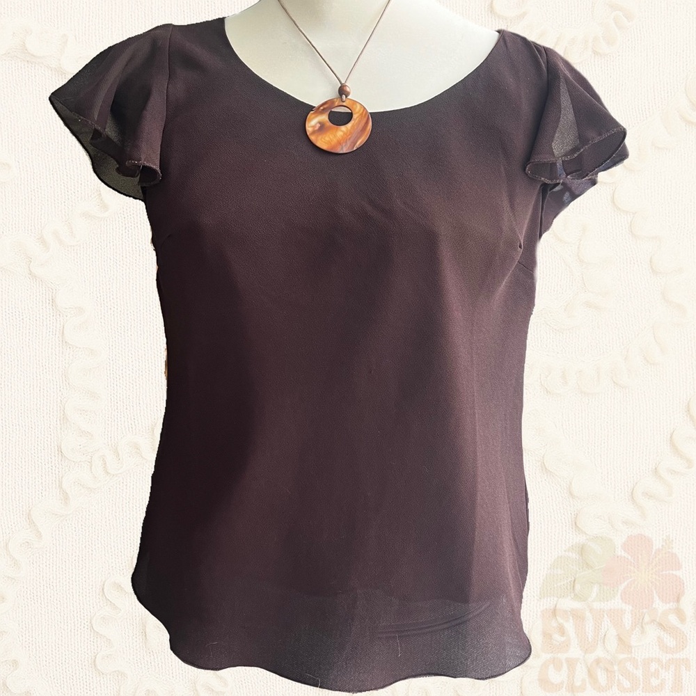 Vintage 'Dino' Sheer Chocolate Brown Blouse Top Womens S/M Flutter Sleeves